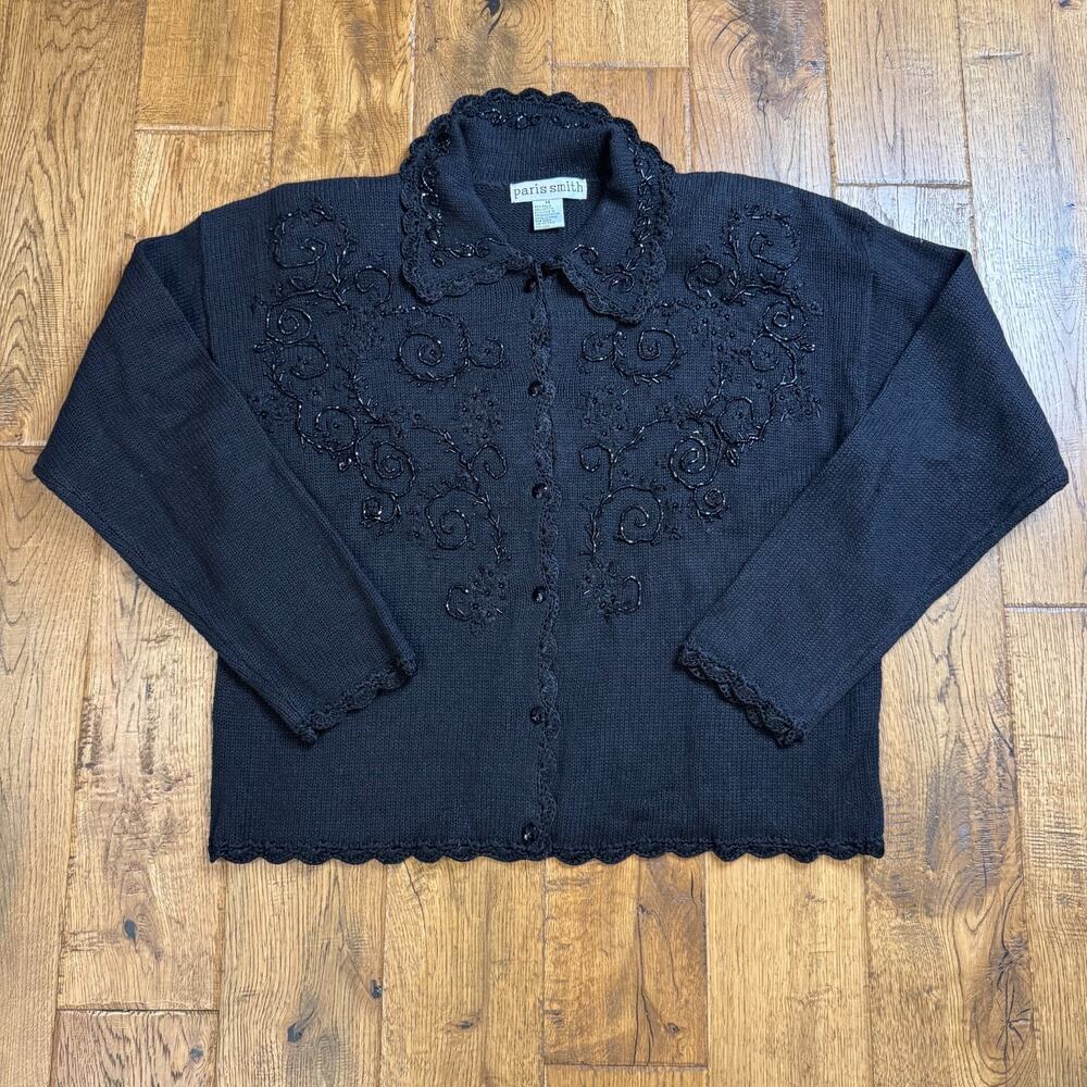 VTG 90’s Paris Smith Black Beaded Button Front Cardigan Sweater Rayon Cotton M